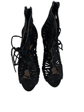 Zara Black Suede Lace-Up Peep Toe Caged Heels With Zipper Back